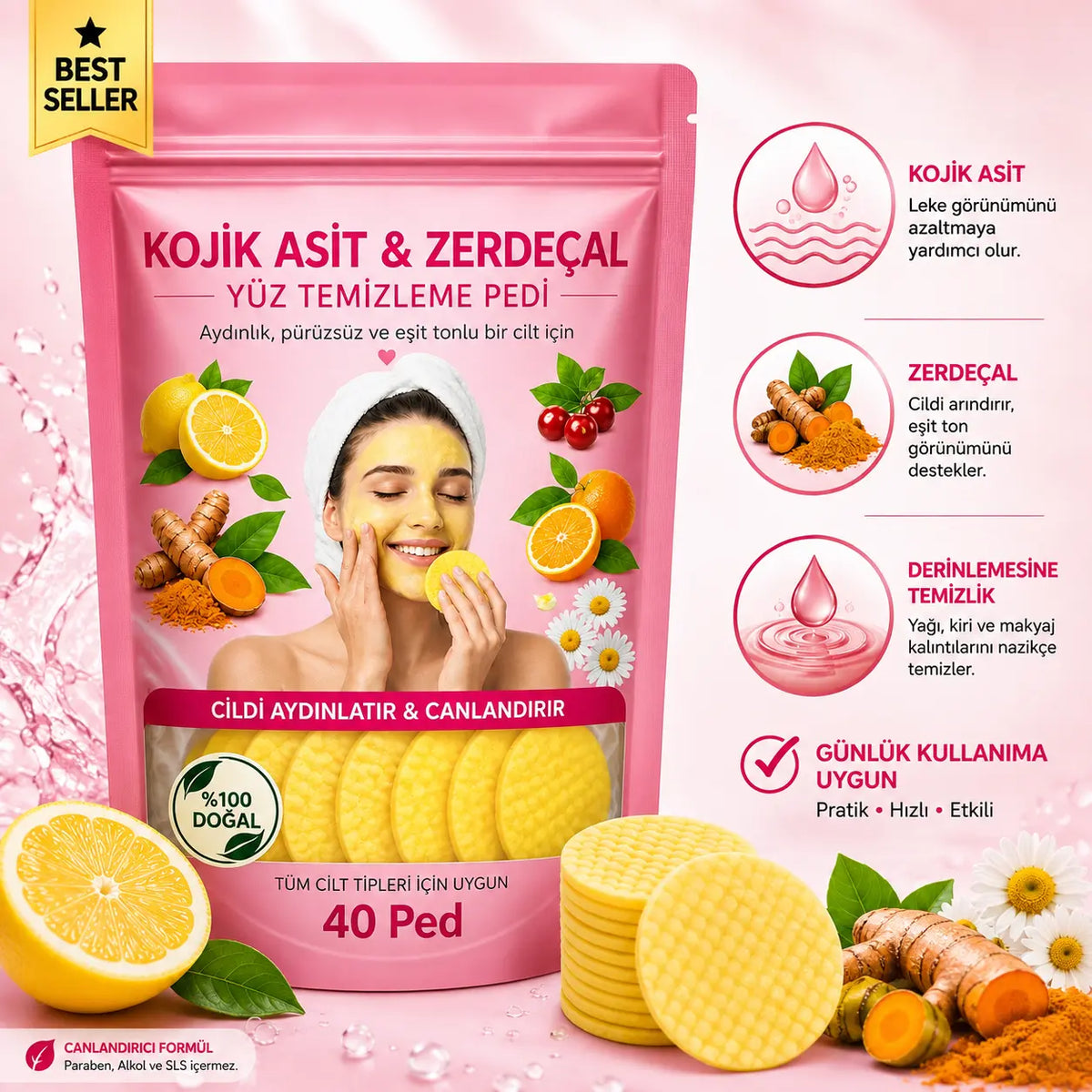 Vivamu™ Kojik Asit & Zerdeçal Yüz Temizleme Pedi – 40 Adet