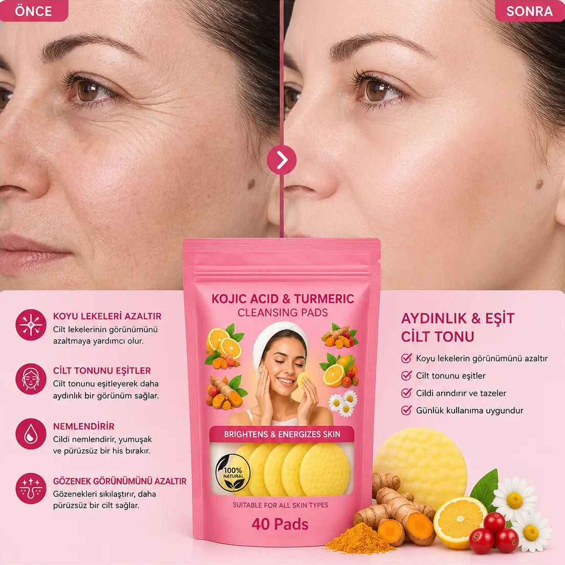Vivamu™ Kojik Asit & Zerdeçal Yüz Temizleme Pedi – 40 Adet