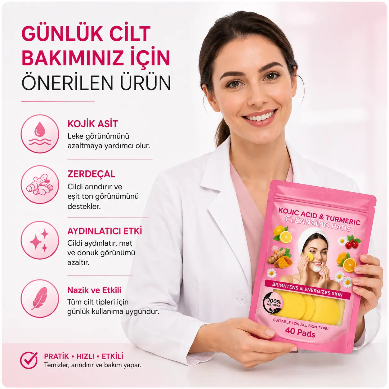 Vivamu™ Kojik Asit & Zerdeçal Yüz Temizleme Pedi – 40 Adet