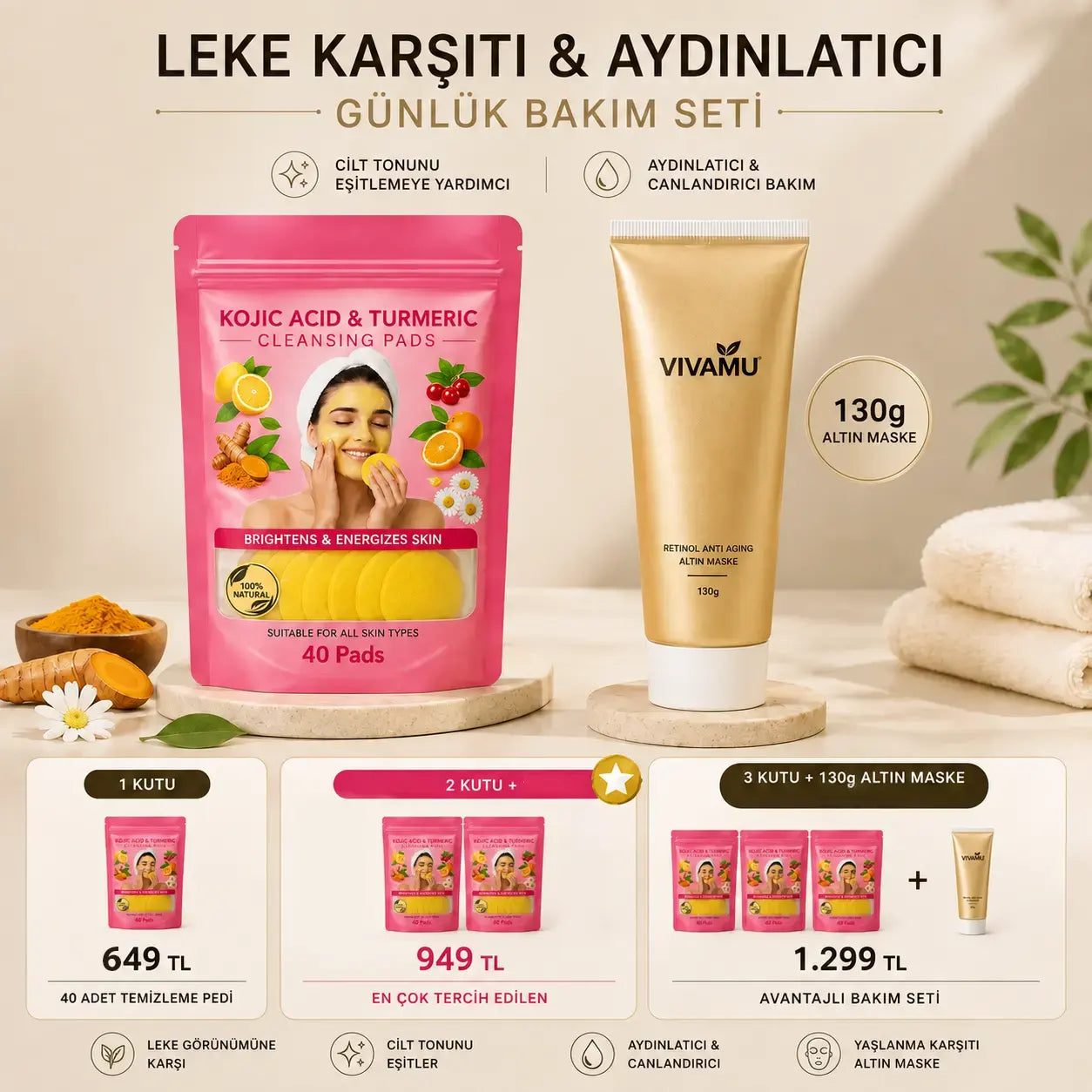 Vivamu™ Kojik Asit & Zerdeçal Yüz Temizleme Pedi – 40 Adet