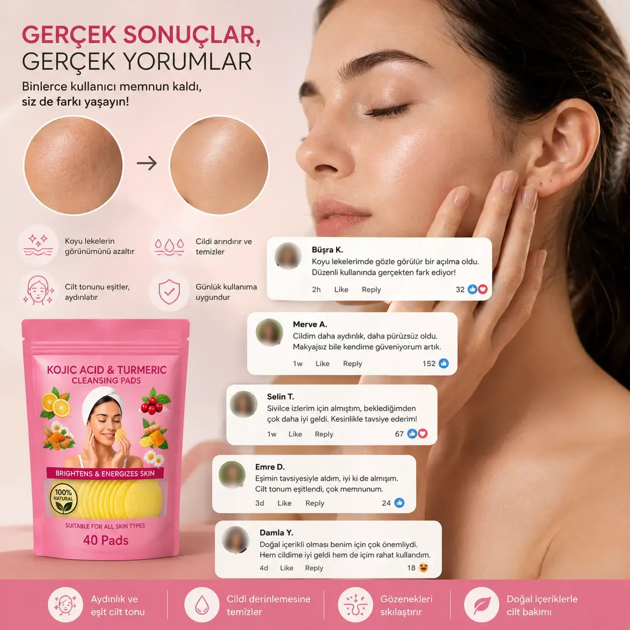 Vivamu™ Kojik Asit & Zerdeçal Yüz Temizleme Pedi – 40 Adet
