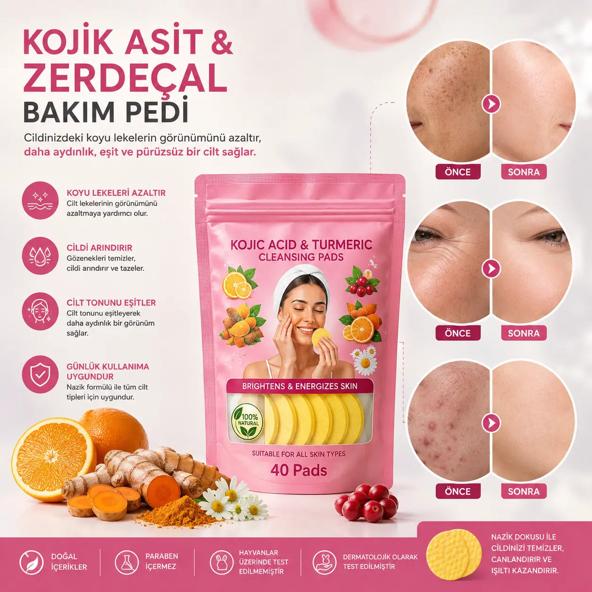 Vivamu™ Kojik Asit & Zerdeçal Yüz Temizleme Pedi – 40 Adet