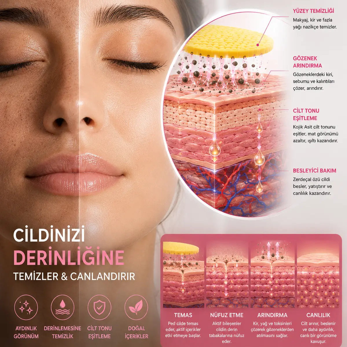 Vivamu™ Kojik Asit & Zerdeçal Yüz Temizleme Pedi – 40 Adet
